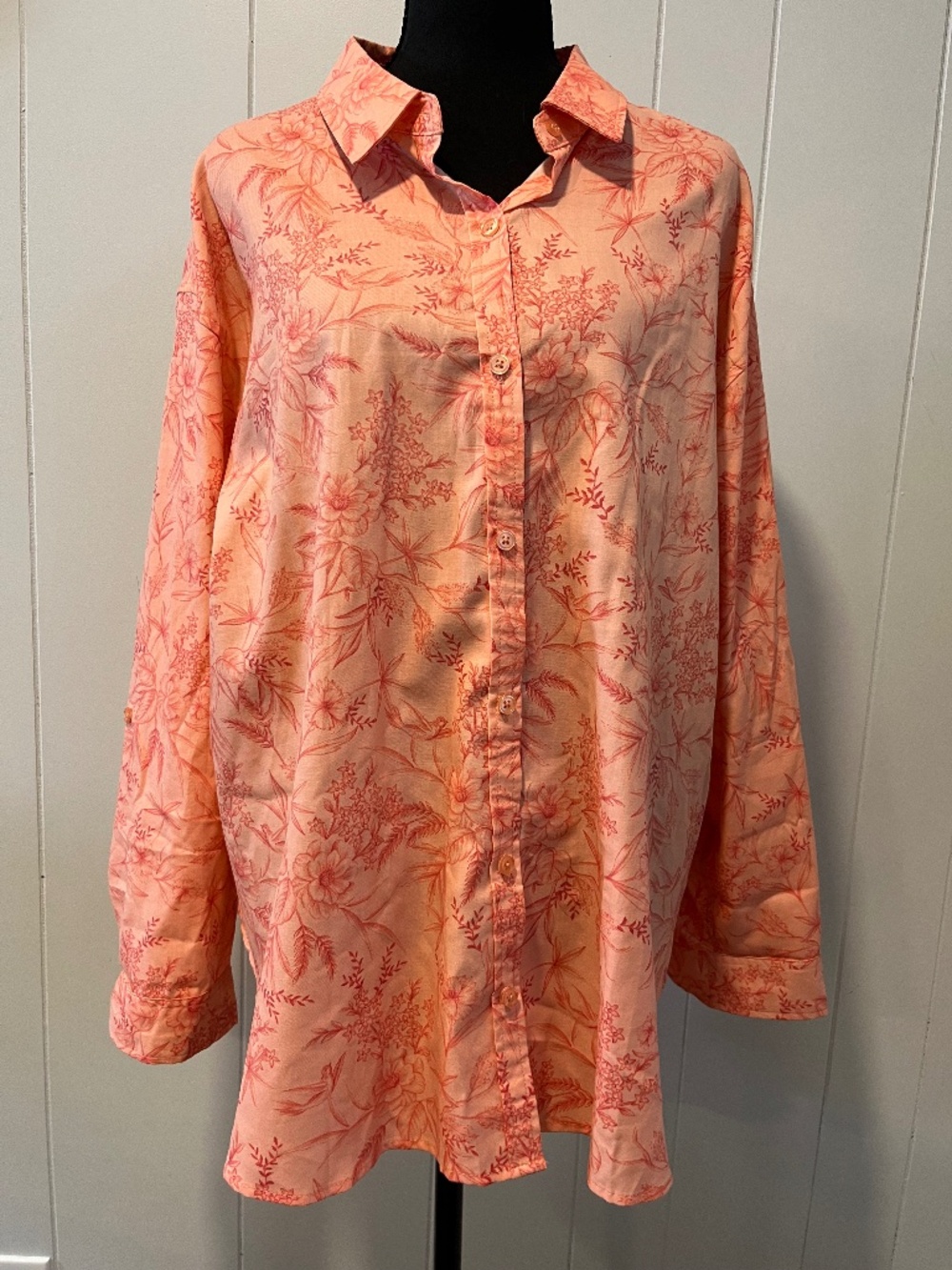 Gloria Vanderbilt sz XL Oversized Roll-Tab Button Down Shirt Cottage Floral Fall